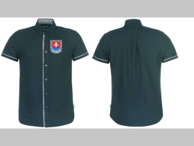 Slovakia - Slovensko pánska čierna hrubšia košela na gombíky s krátkym rukávom a károvanými modrobieločervenými lemami s tlačeným logom 100%bavlna 